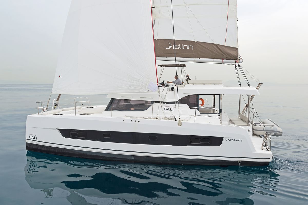 Exterior view of Mediteo, a Bali Catspace catamaran at Gouvia, Greece