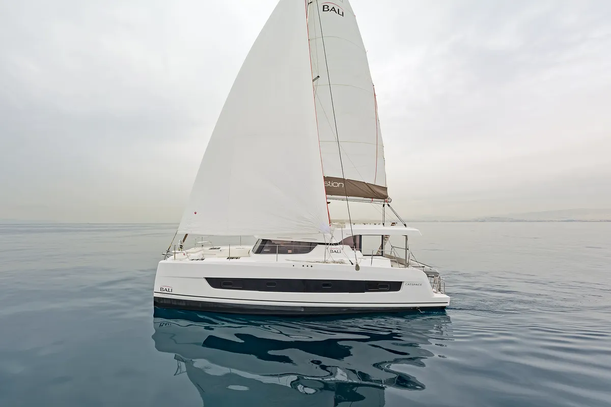Exterior view of Mediteo, a Bali Catspace catamaran at Gouvia, Greece