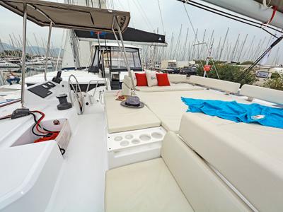 Deck of Mediteo, a Bali Catspace catamaran at Gouvia, Greece