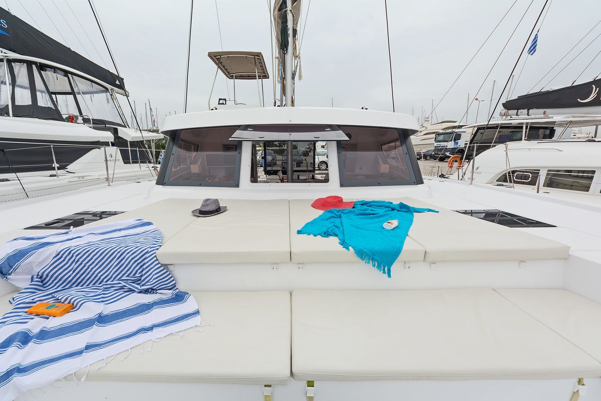 Deck of Mediteo, a Bali Catspace catamaran at Gouvia, Greece