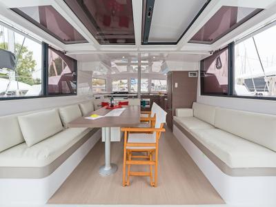 Salon of Mediteo, a Bali Catspace catamaran at Gouvia, Greece