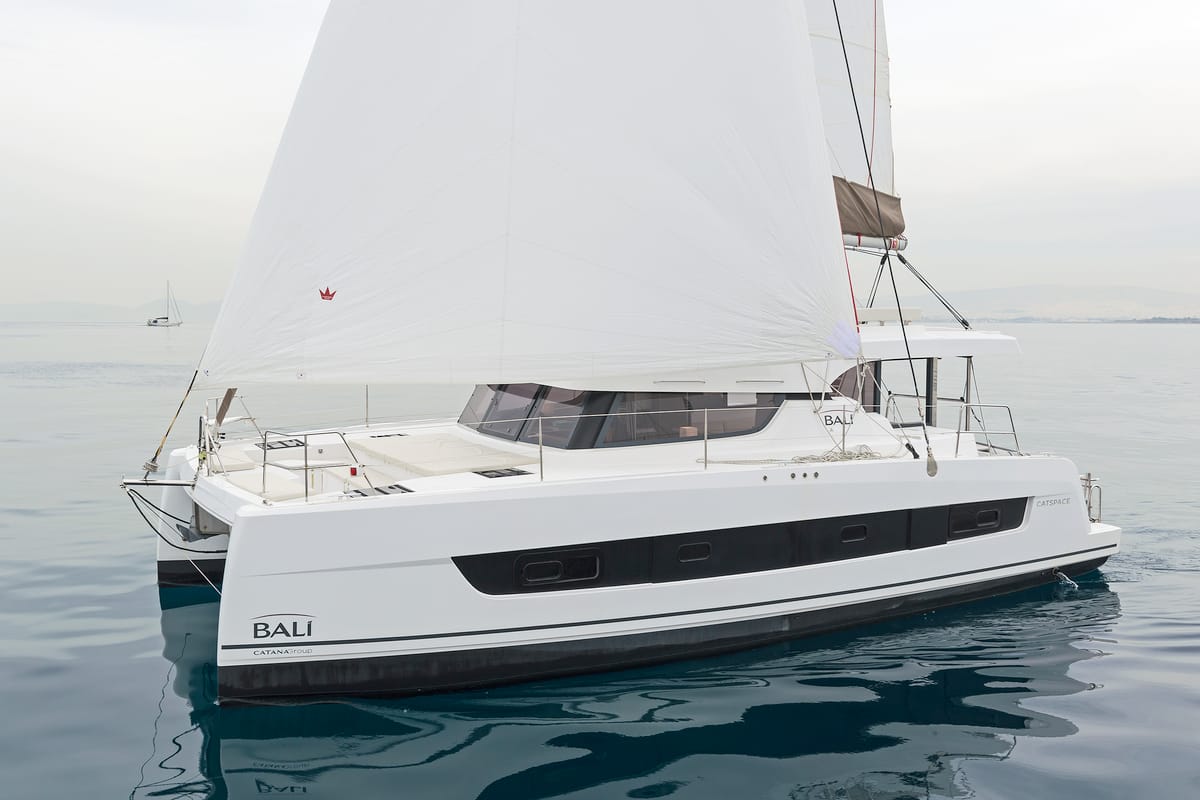 Exterior view of Mediteo, a Bali Catspace catamaran at Gouvia, Greece