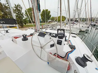 Cockpit of Mediteo, a Bali Catspace catamaran at Gouvia, Greece