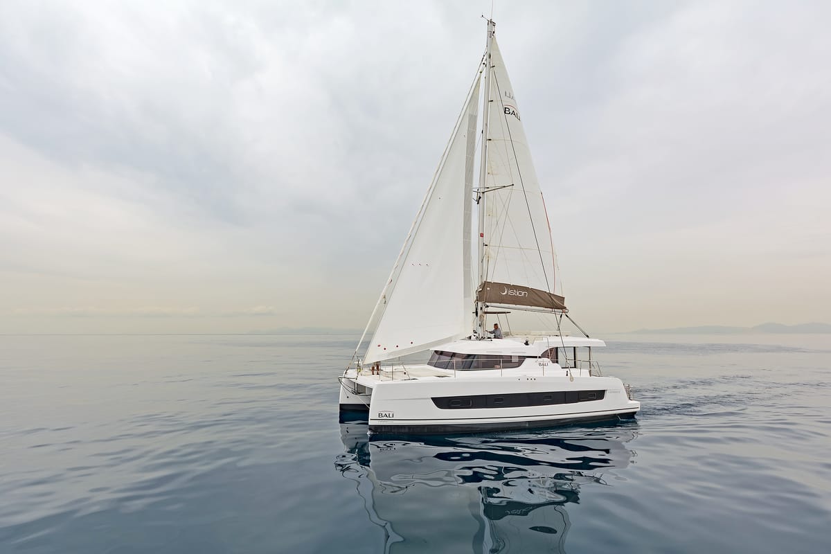 Exterior view of Mediteo, a Bali Catspace catamaran at Gouvia, Greece