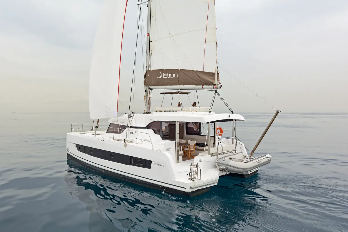 Exterior view of Mediteo, a Bali Catspace catamaran at Gouvia, Greece