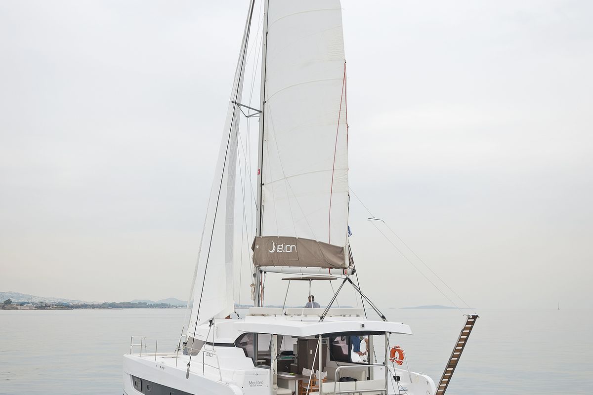 Exterior view of Mediteo, a Bali Catspace catamaran at Gouvia, Greece
