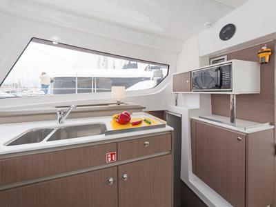 Galley of Mediteo, a Bali Catspace catamaran at Gouvia, Greece