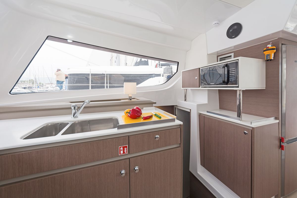 Galley of Mediteo, a Bali Catspace catamaran at Gouvia, Greece