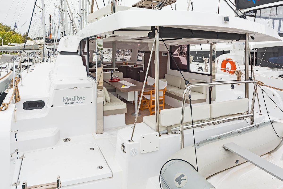 Deck of Mediteo, a Bali Catspace catamaran at Gouvia, Greece