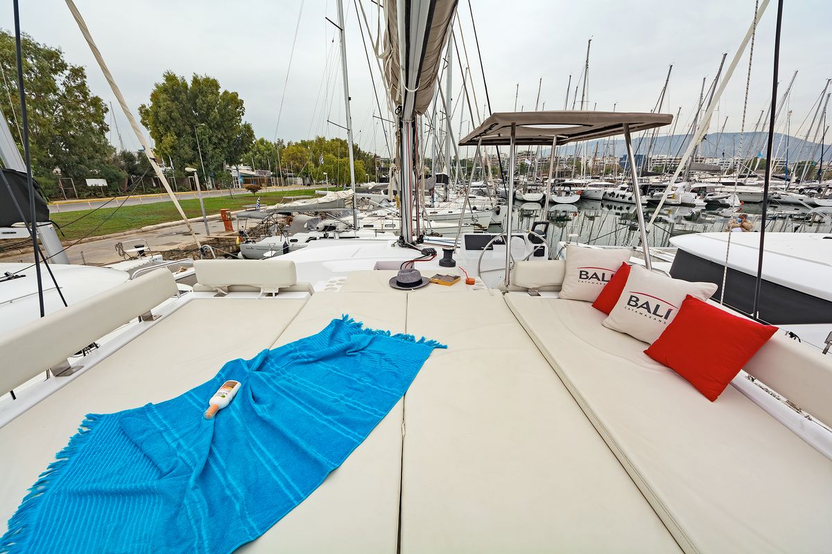 Deck of Mediteo, a Bali Catspace catamaran at Gouvia, Greece