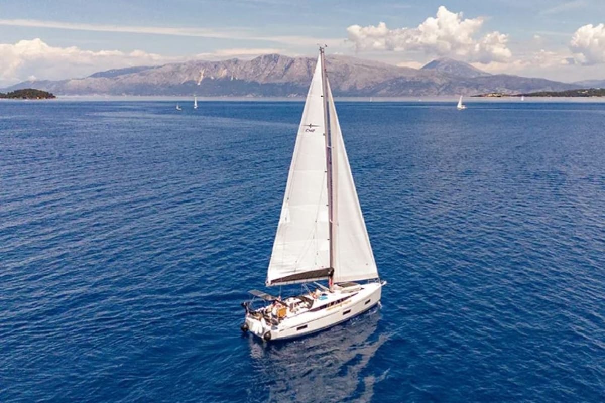 Exterior view of Jenny K, a Bavaria C42 sailboat at Municipal Unit of Lefkada, Greece