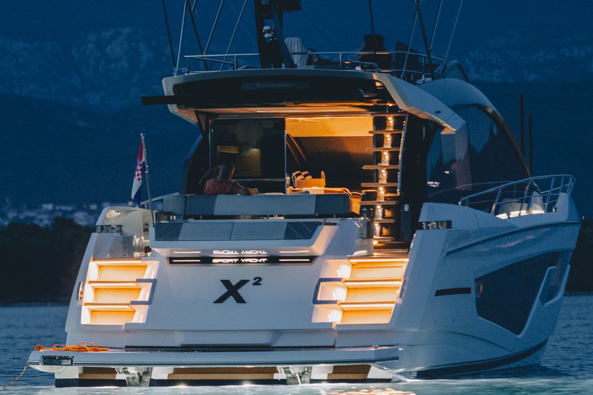 Exterior view of X2, a Sunseeker 65 yacht at Split, Croatia