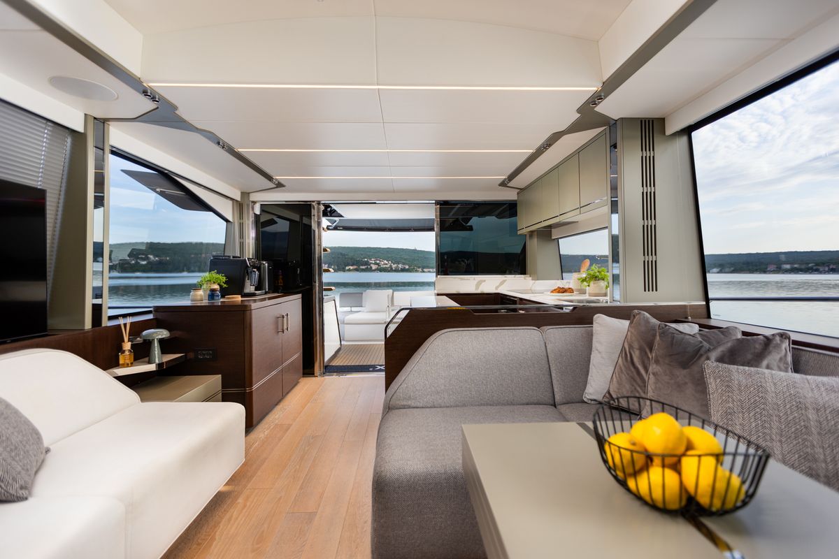Salon of X2, a Sunseeker 65 yacht at Split, Croatia