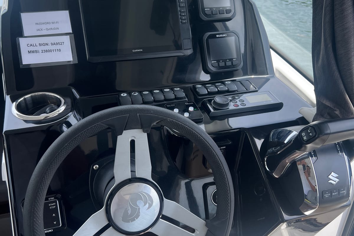 Cockpit of Jack, a Beneteau Antares 9 OB motorboat at Punat, Croatia