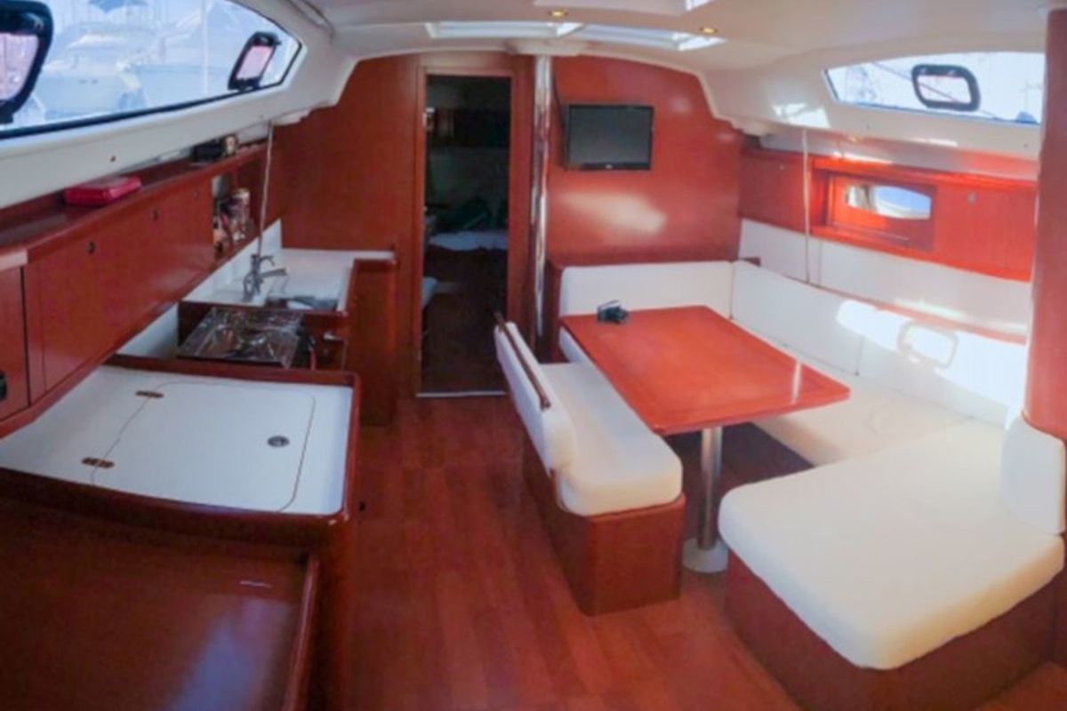 Salon of Rhapsody, a Beneteau Oceanis 43 sailboat at Marmaris, Turkey