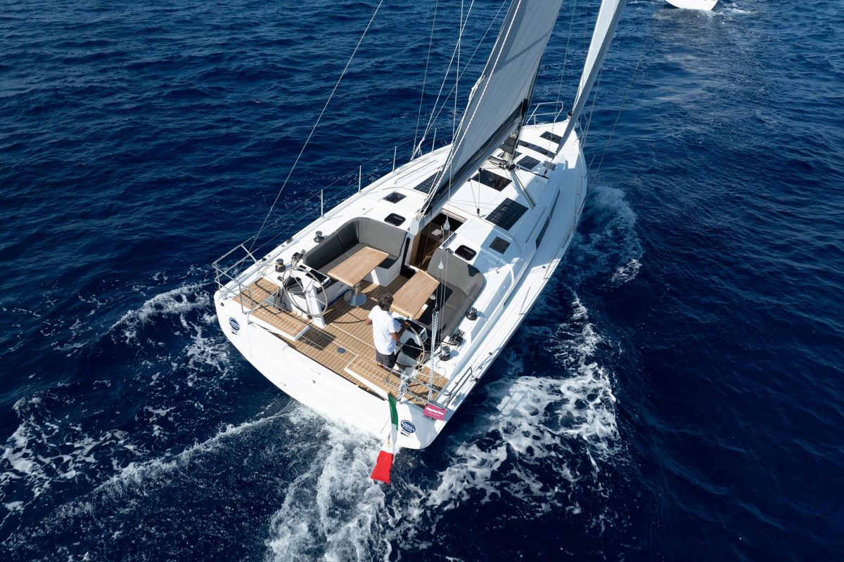 Exterior view of El Diablo, a Hanse Yachts Hanse 410 sailboat at Rosignano Solvay, Italy