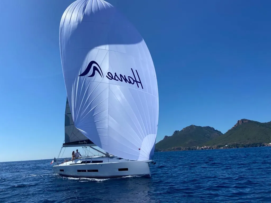 Exterior view of El Diablo, a Hanse Yachts Hanse 410 sailboat at Rosignano Solvay, Italy