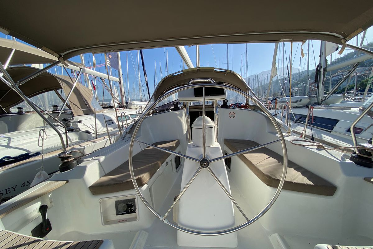 Cockpit of Scooby-Doo, a Jeanneau Sun Odyssey 36i sailboat at Fethiye, Turkey