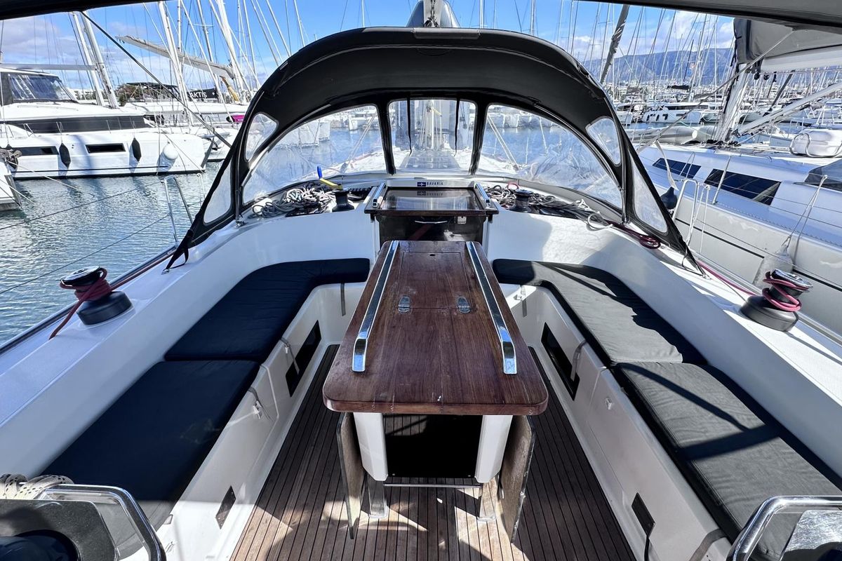 Cockpit of SEAREX, a Bavaria Cruiser 56 sailboat at Athens, Greece