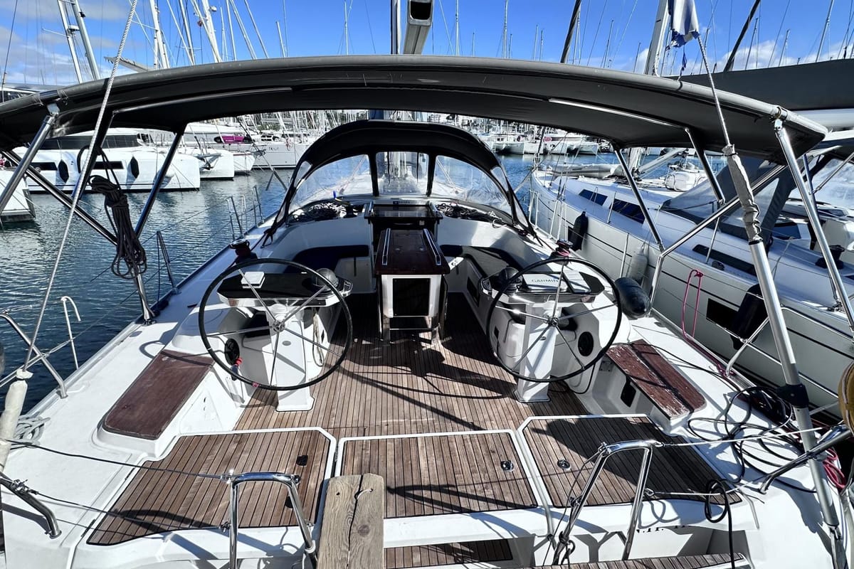 Cockpit of SEAREX, a Bavaria Cruiser 56 sailboat at Athens, Greece