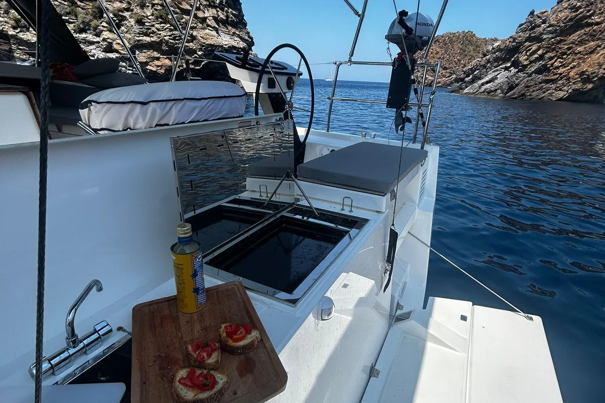 Deck of Dori, a Dufour 470 sailboat at Tonnarella, Italy