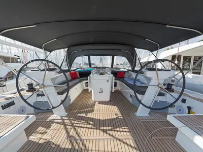 Cockpit of Freyja, a Beneteau Oceanis 51.1 sailboat at Kos, Greece
