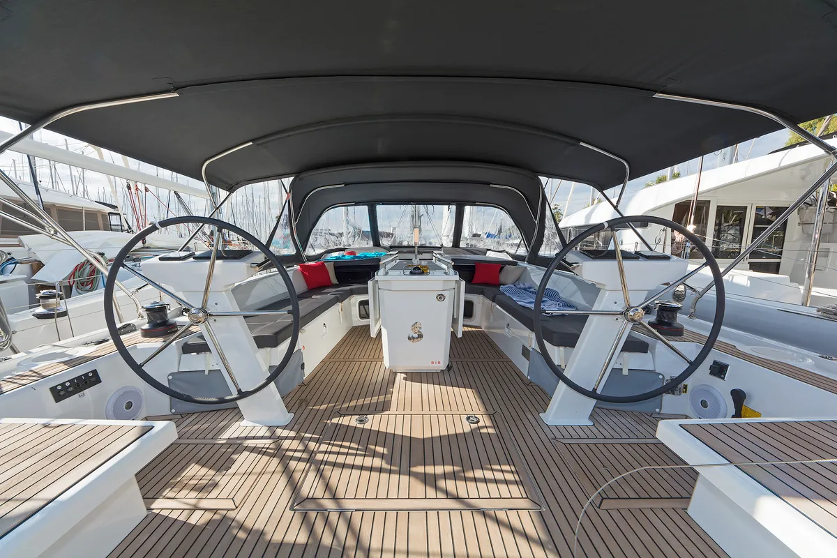 Cockpit of Freyja, a Beneteau Oceanis 51.1 sailboat at Kos, Greece