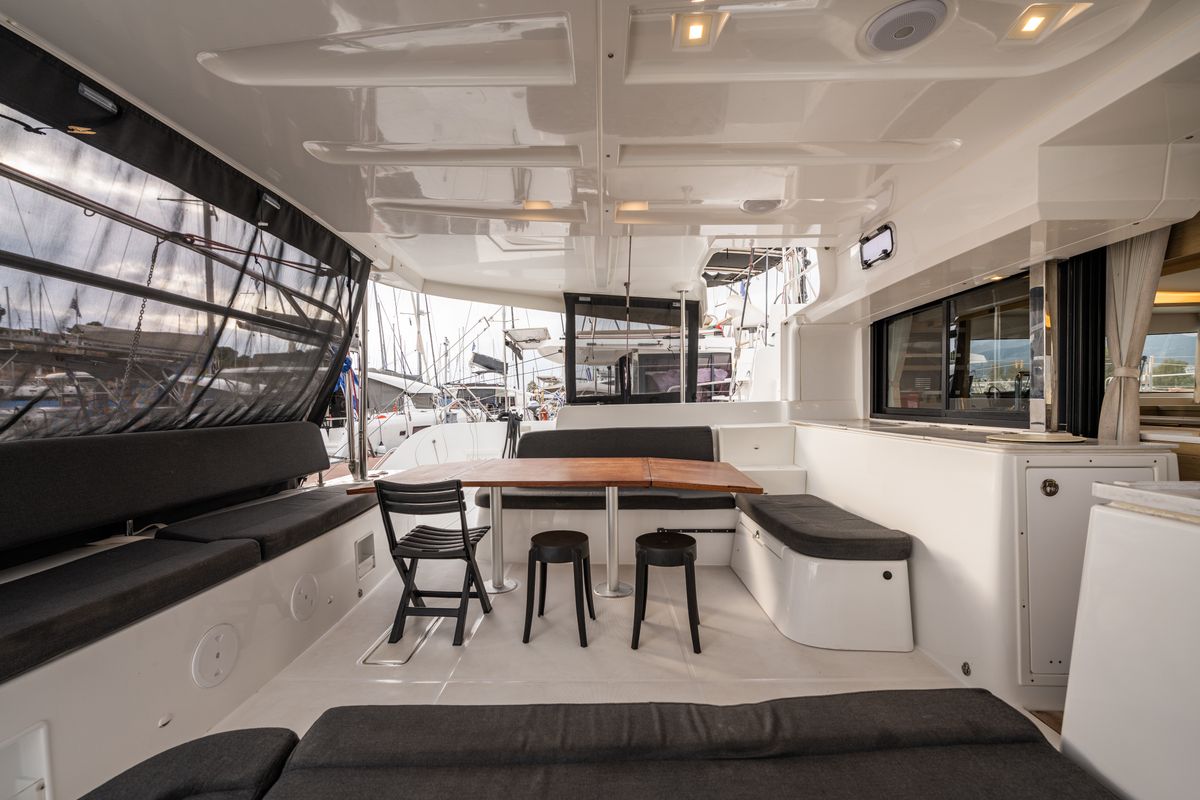 Deck of Hydra XV, a Lagoon 46 catamaran at Municipal Unit of Lefkada, Greece