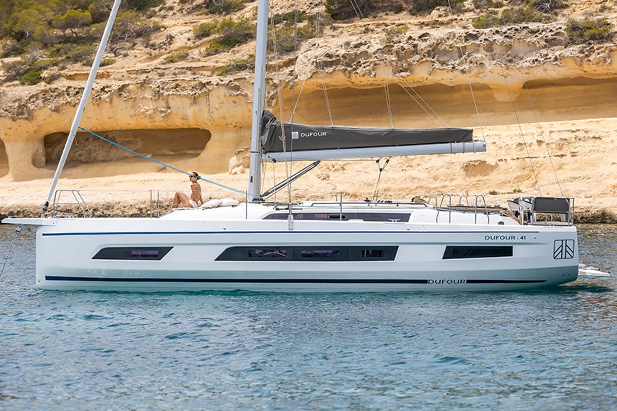 Exterior view of Blue Dream 2, a Dufour 41 sailboat at Preveza, Greece