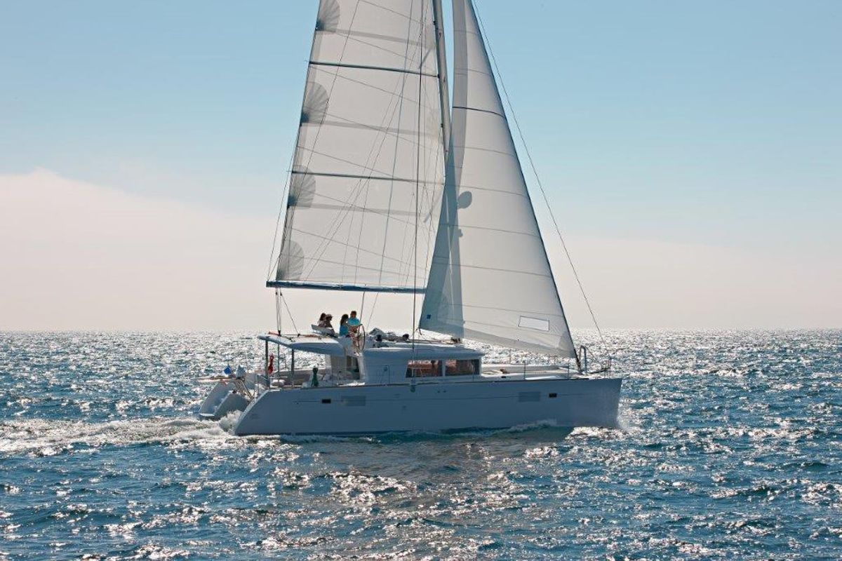Exterior view of Buena Suerte, a Lagoon 450 F catamaran at Athens, Greece