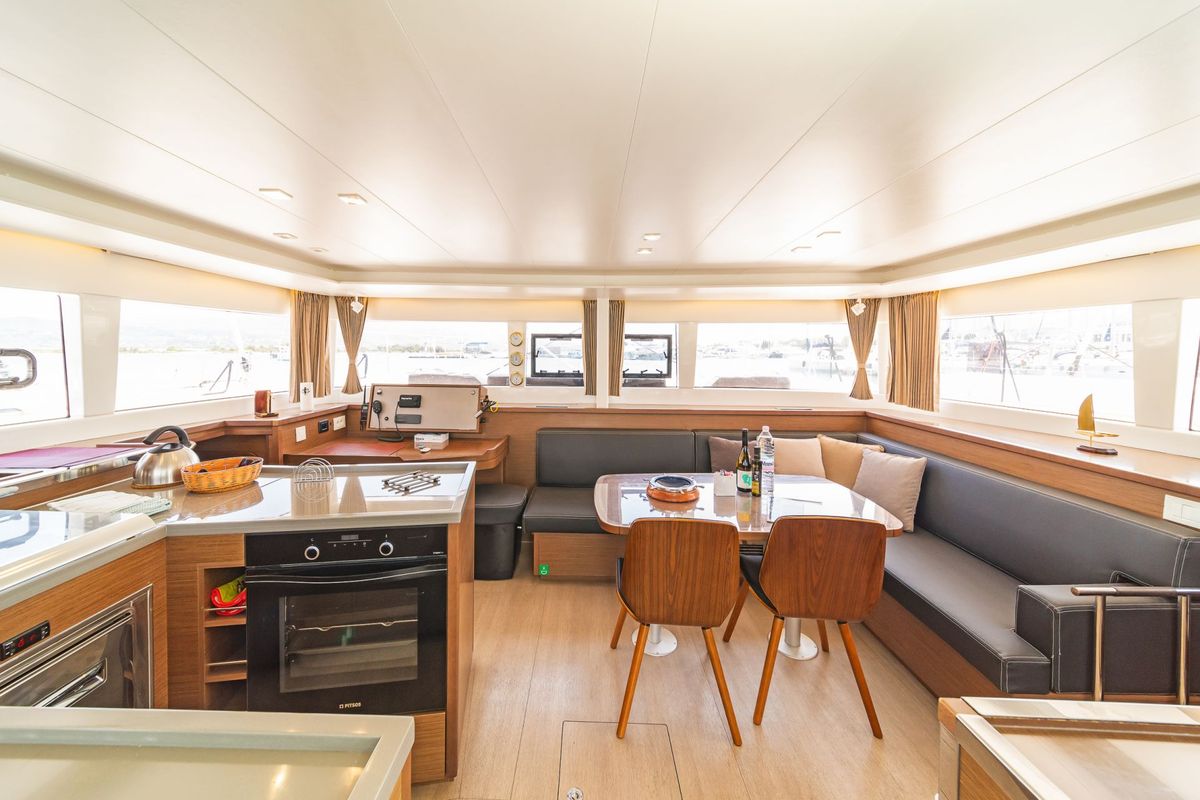 Salon of Buena Suerte, a Lagoon 450 F catamaran at Athens, Greece