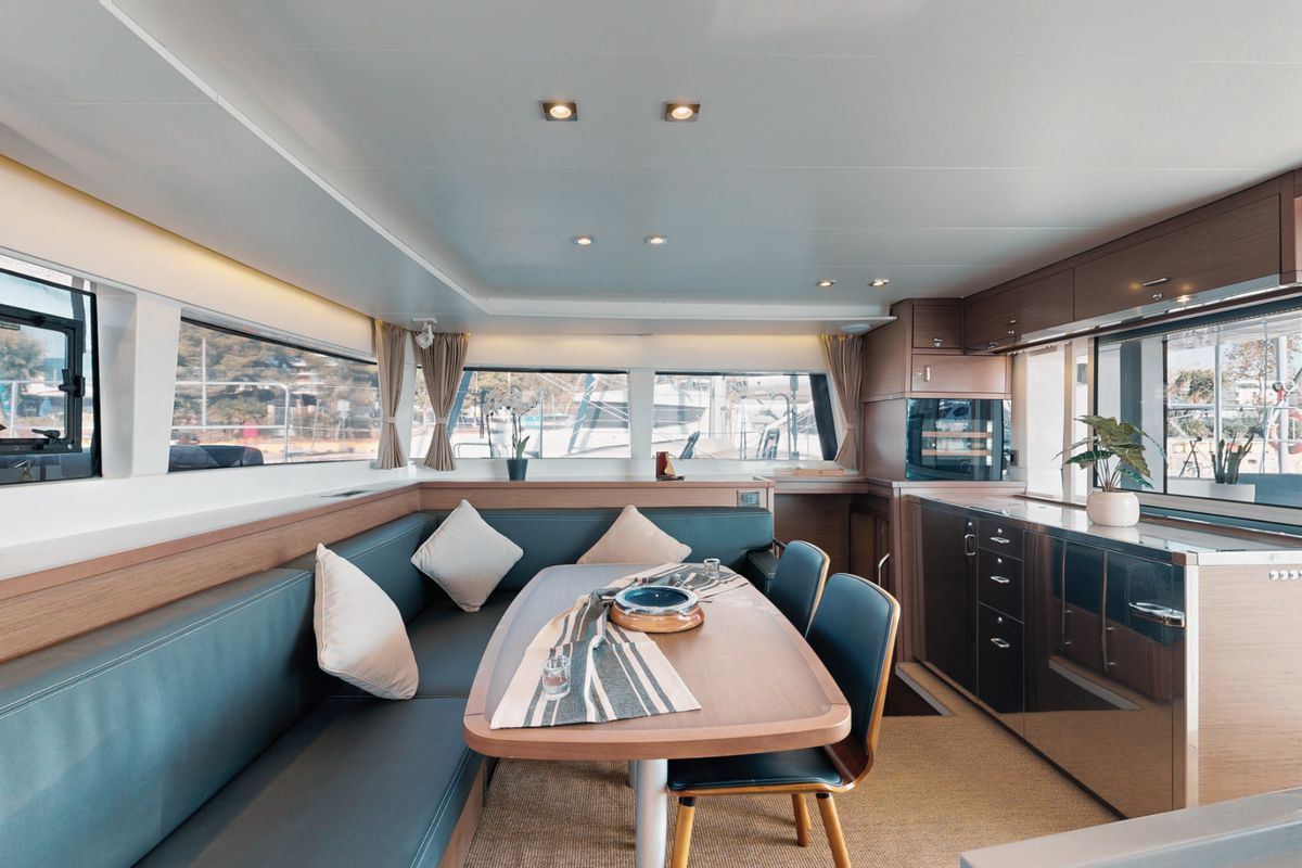Salon of Buena Suerte, a Lagoon 450 F catamaran at Athens, Greece