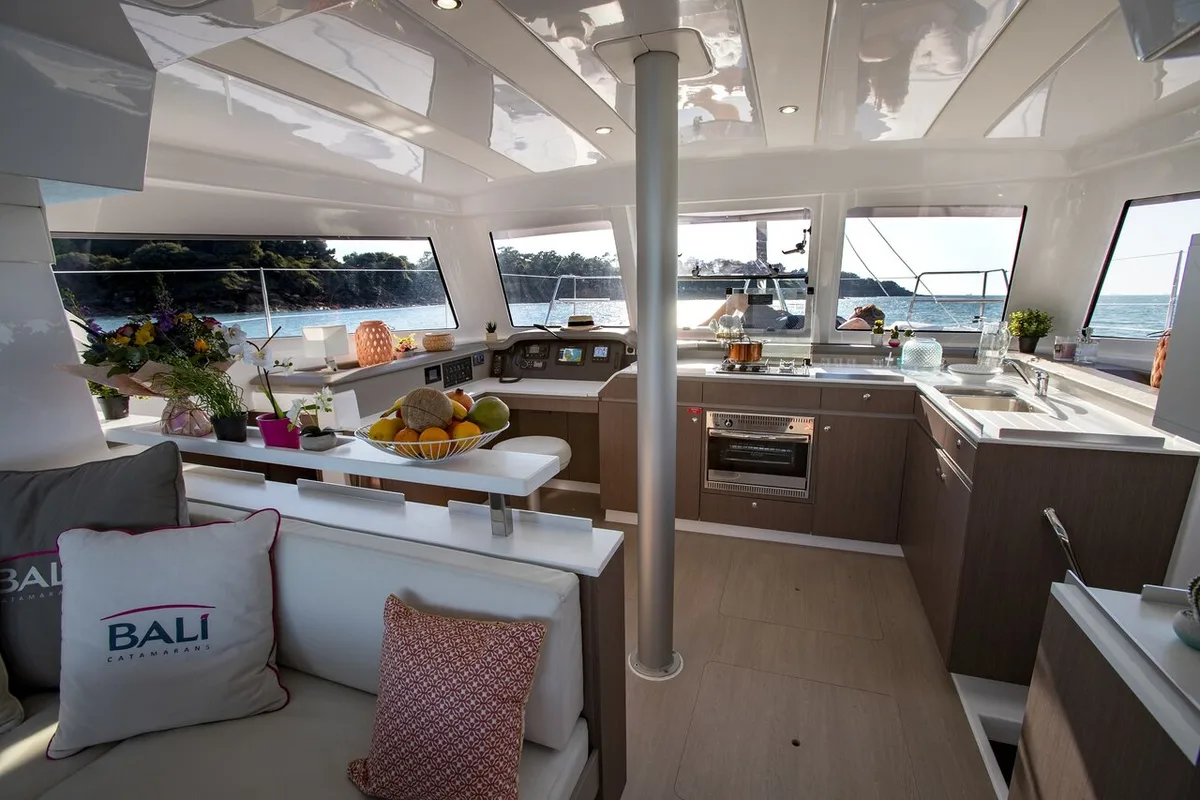 Galley of Little Monkey, a Bali Catspace catamaran at Olbia, Italy