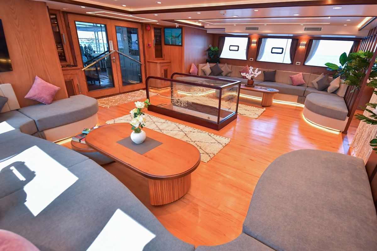 Salon of Comfort cabin upper deck 2, a Gulet Luxury Motor Yacht motorboat at Sharm El Sheikh, Egypt