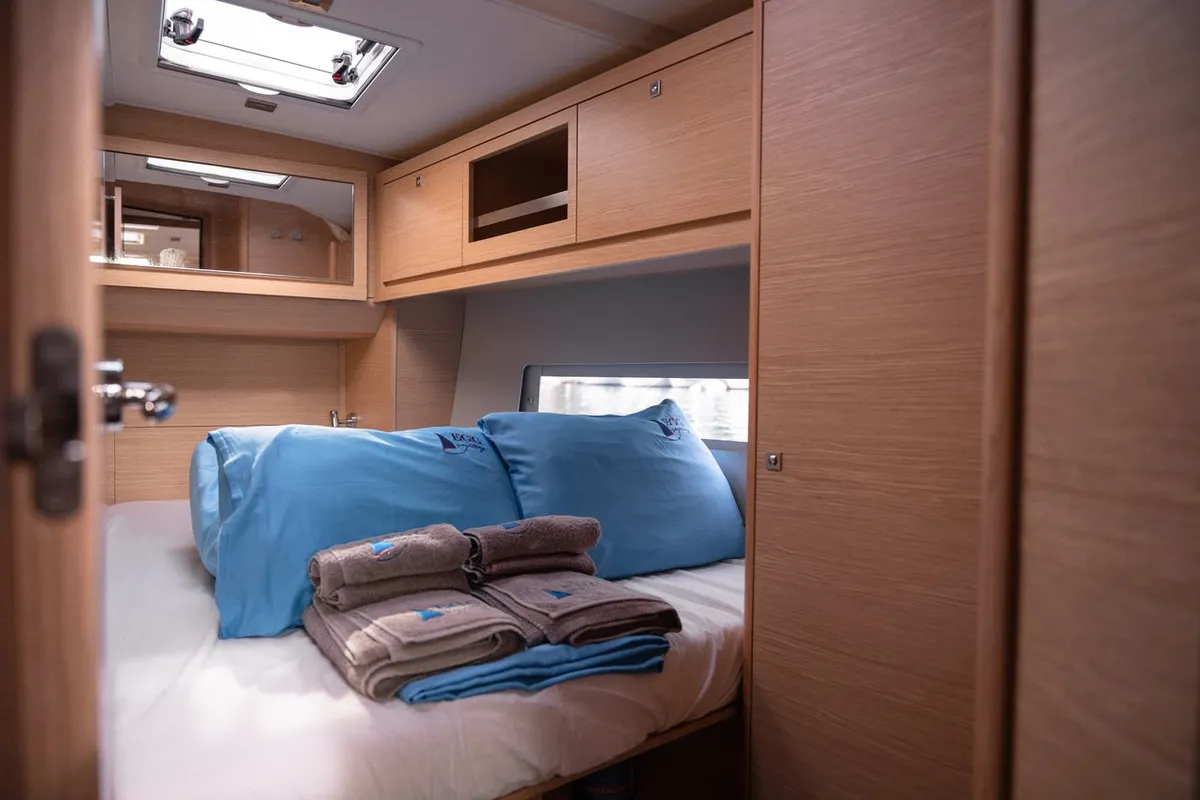 Cabin on Happiness, a Dufour 470 sailboat at Fethiye, Turkey