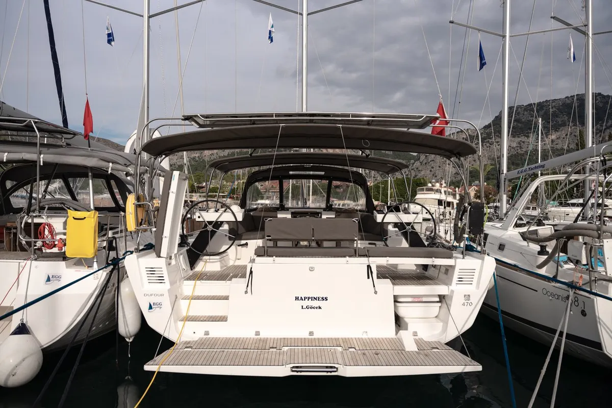 Exterior view of Happiness, a Dufour 470 sailboat at Fethiye, Turkey