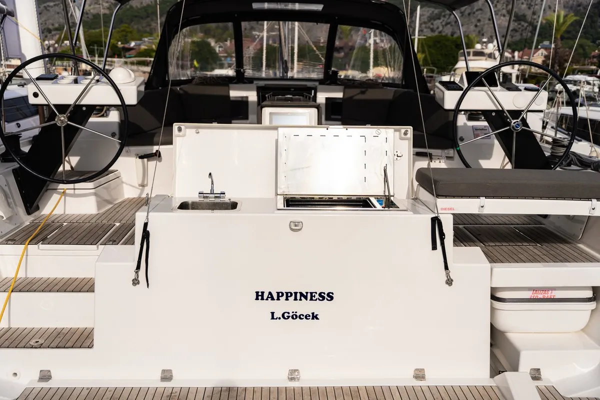 Deck of Happiness, a Dufour 470 sailboat at Fethiye, Turkey