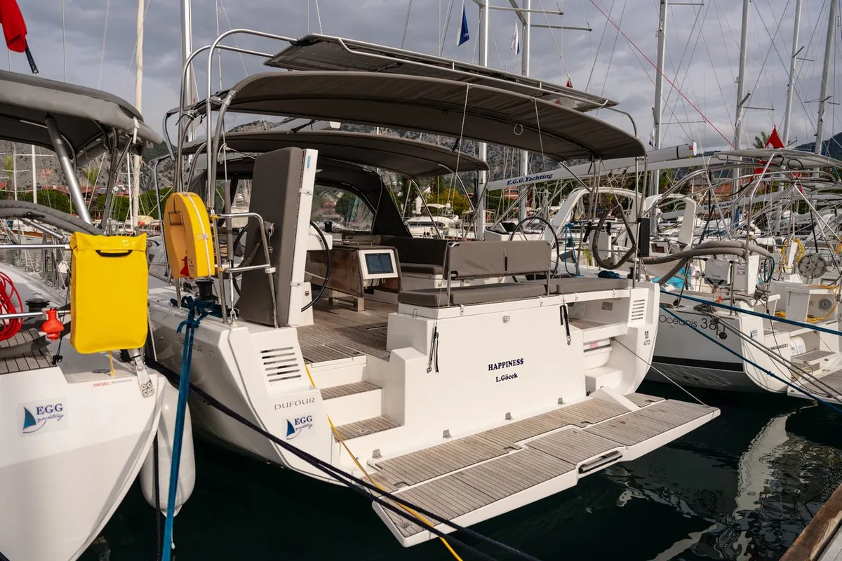 Exterior view of Happiness, a Dufour 470 sailboat at Fethiye, Turkey