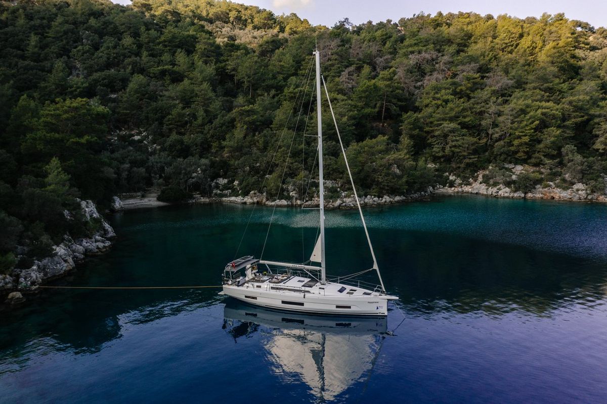 Exterior view of Happiness, a Dufour 470 sailboat at Fethiye, Turkey