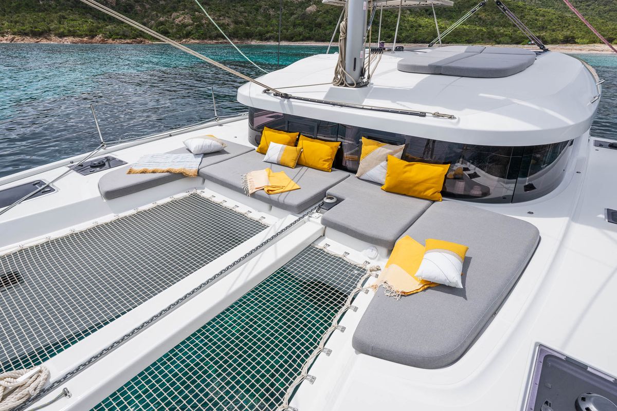 Deck of Les Petits Loups VIII, a Lagoon 38 catamaran at Ajaccio, France