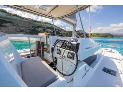 Cockpit of Les Petits Loups VIII, a Lagoon 38 catamaran at Ajaccio, France