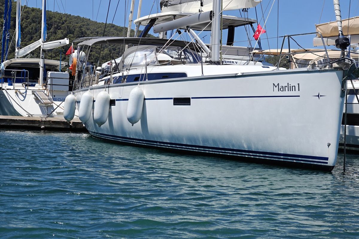 Exterior view of Marlin 1, a Bavaria Cruiser 46 sailboat at Fethiye, Turkey
