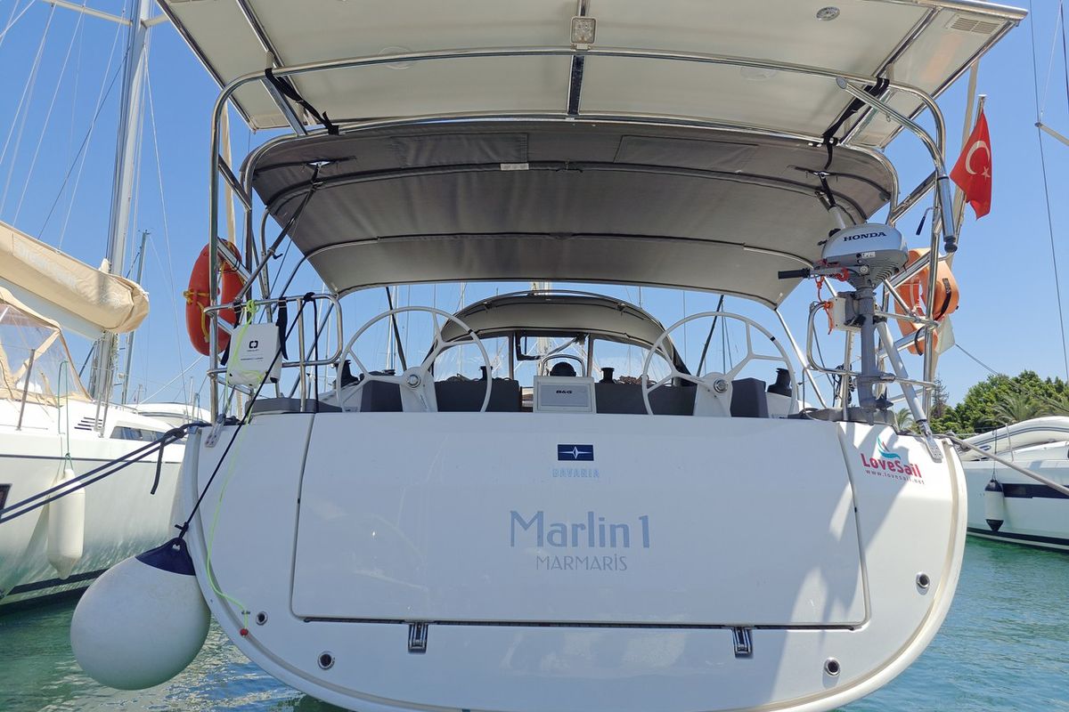 Exterior view of Marlin 1, a Bavaria Cruiser 46 sailboat at Fethiye, Turkey