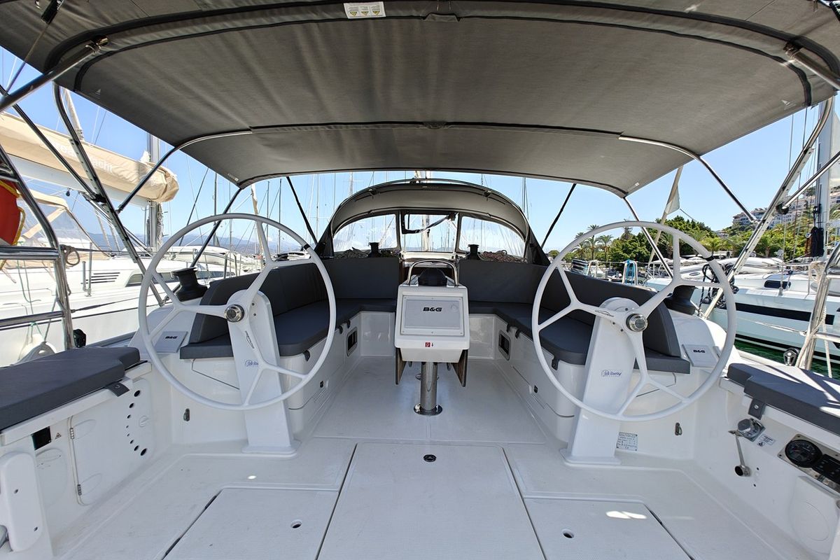 Cockpit of Marlin 1, a Bavaria Cruiser 46 sailboat at Fethiye, Turkey