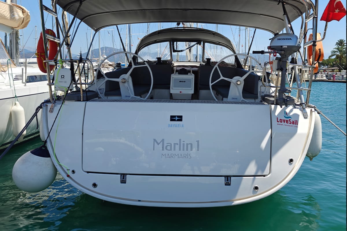 Exterior view of Marlin 1, a Bavaria Cruiser 46 sailboat at Fethiye, Turkey