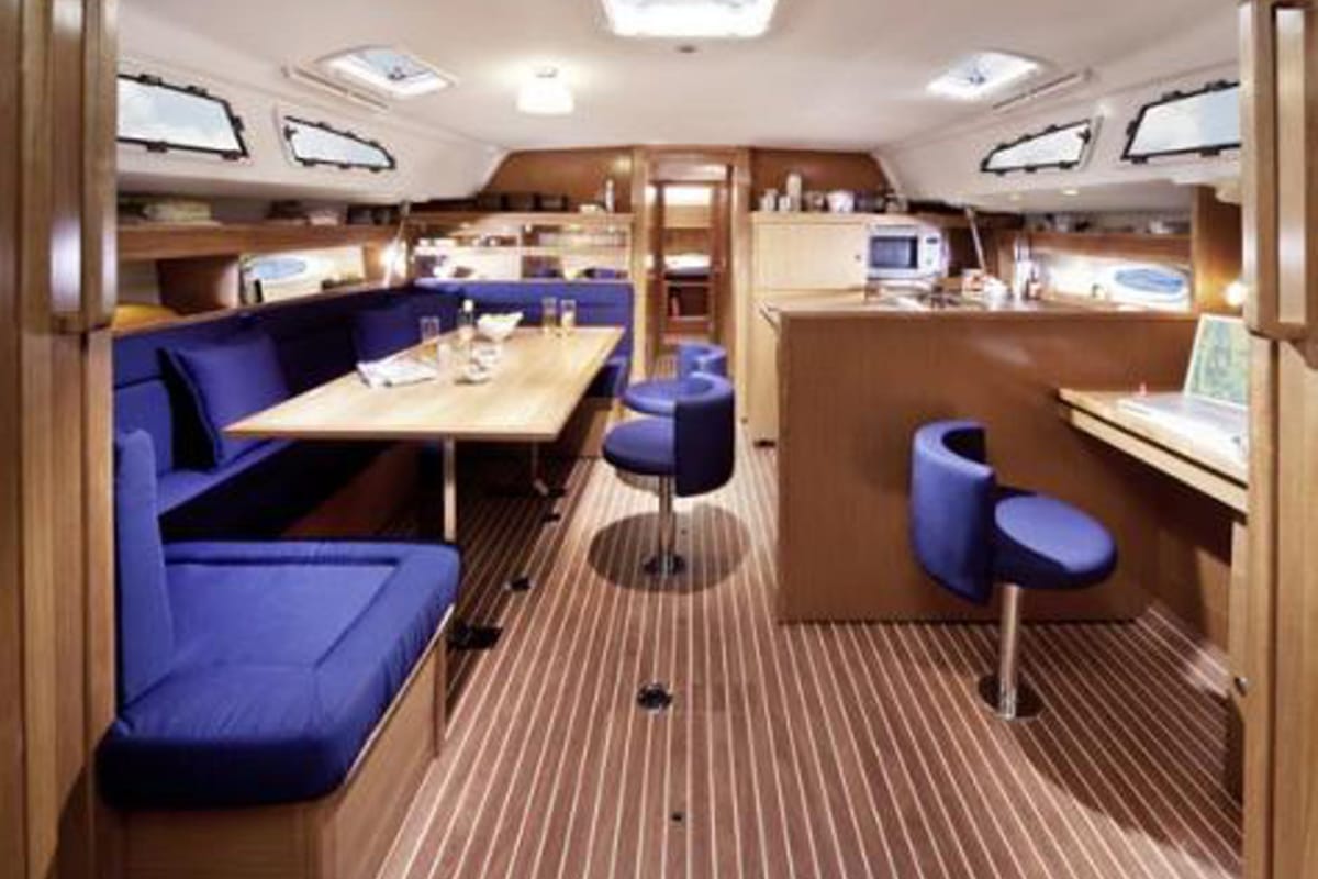 Salon of Marlin 1, a Bavaria Cruiser 46 sailboat at Fethiye, Turkey