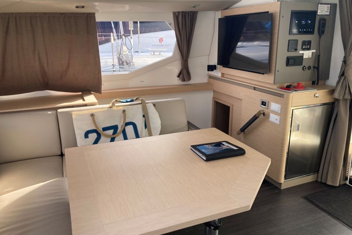 Salon of Aquaphoria, a Fountaine Pajot Tanna 47 Maestro catamaran at Charlotte Amalie, United States