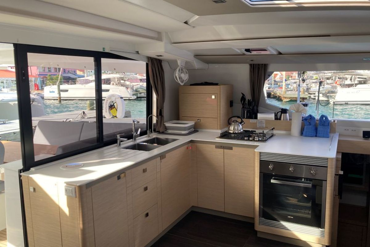 Galley of Aquaphoria, a Fountaine Pajot Tanna 47 Maestro catamaran at Charlotte Amalie, United States