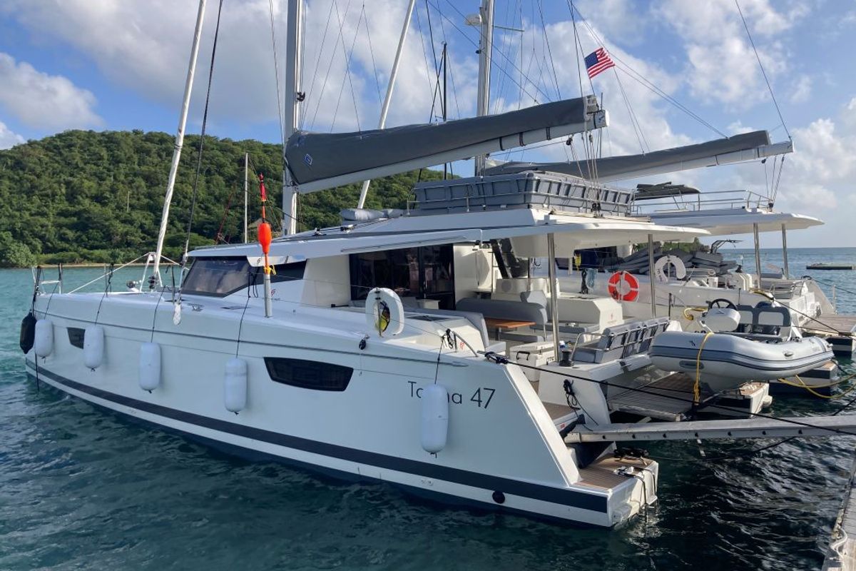 Exterior view of Aquaphoria, a Fountaine Pajot Tanna 47 Maestro catamaran at Charlotte Amalie, United States