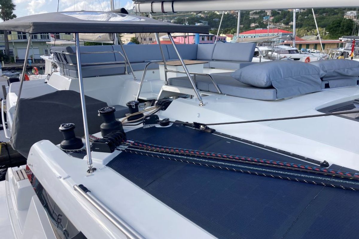 Deck of Aquaphoria, a Fountaine Pajot Tanna 47 Maestro catamaran at Charlotte Amalie, United States